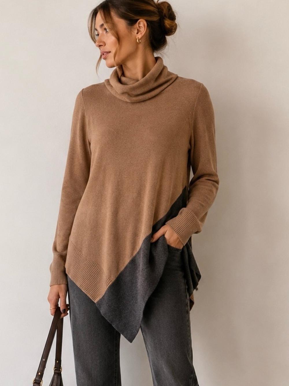STYLUS Two-Tone Asymmetric Cowl Neck Sweater in Camel & Charcoal
